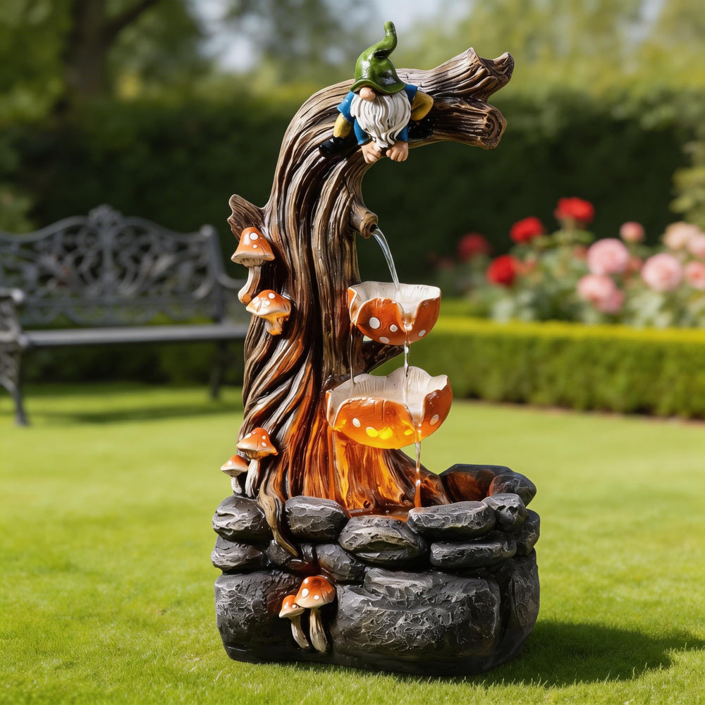Gnome Outdoor Water Fountain with LED & Cascading Mushroom Waterfall