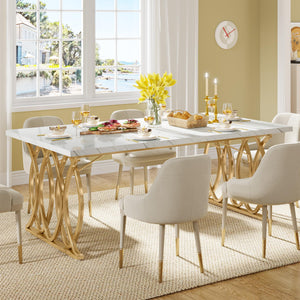 63" Rectangular Dining Table for 4–6 | Faux Marble Top & Gold Metal Legs