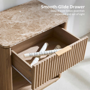 Fluted Nightstand Set of 2 with Faux Marble Top, Drawer & Open Shelf