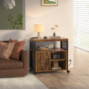 Rolling File Cabinet with Power Outlets, Locking Door & Open Shelves