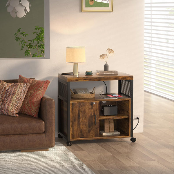 Rolling File Cabinet with Power Outlets, Locking Door & Open Shelves