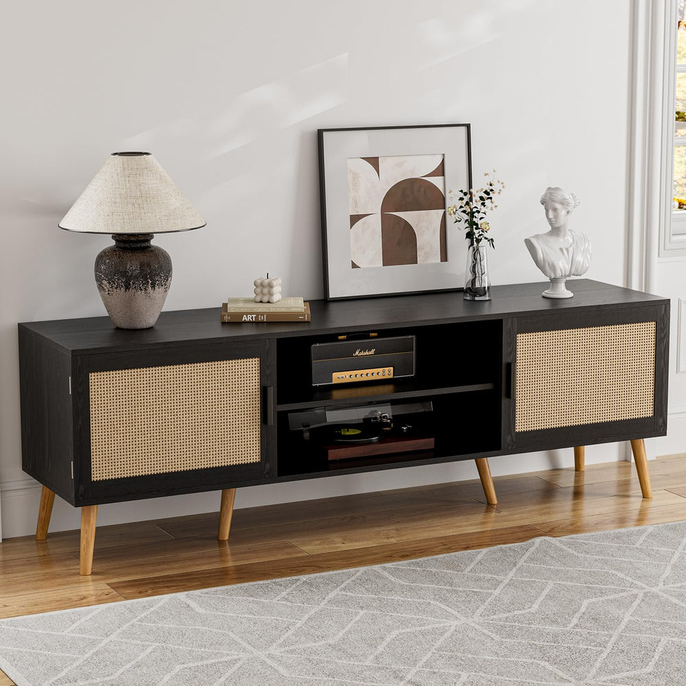 65-Inch TV Stand with Rattan Doors & Storage Cabinets