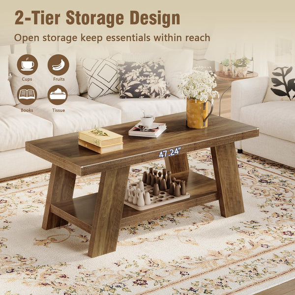 2-Tier Farmhouse Coffee Table with Storage – 47" Rustic Wood, Retro Brown