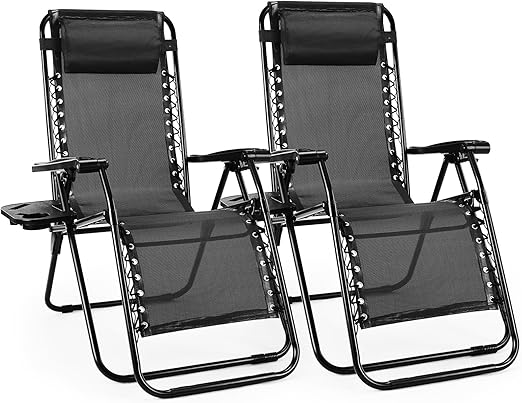 Zero Gravity Outdoor Lounge Chair Set of 2 with Cup Holder & Adjustable Pillow