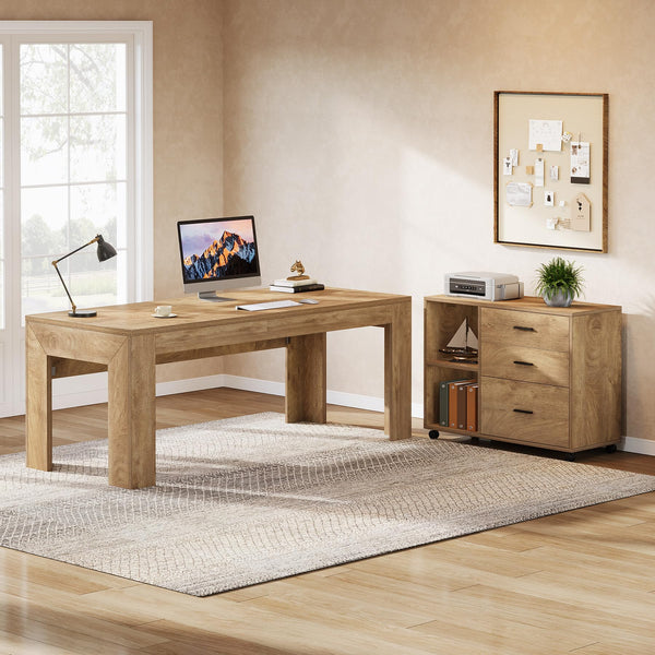 63" L-Shaped Executive Desk with File Cabinet, Drawers & Shelves
