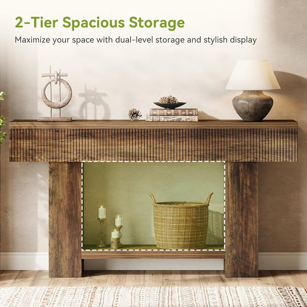 55-Inch Farmhouse Console Table with 2-Tier Storage
