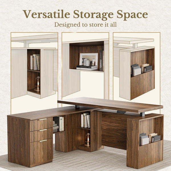 63" L-Shaped Electric Standing Desk with Drawers & File Cabinet