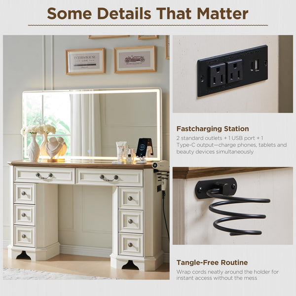 48-Inch Farmhouse Vanity Desk with Lighted Mirror and 8 Drawers
