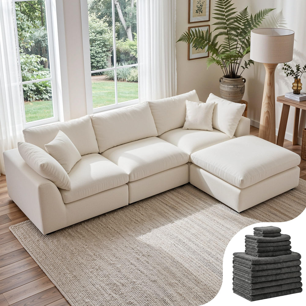 108" Cloud Modular Sectional Sofa with Ottoman & Washable Covers
