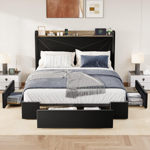 Velvet Platform Bed with Storage Drawers & USB Ports