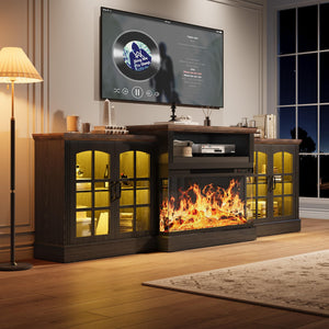 97" Farmhouse Fireplace TV Stand with 3-Sided Electric Fireplace & Storage Cabinets