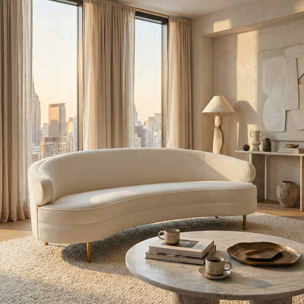 Cream Velvet Gold Curved Sofa – 4-Seat Contemporary Living Room Couch