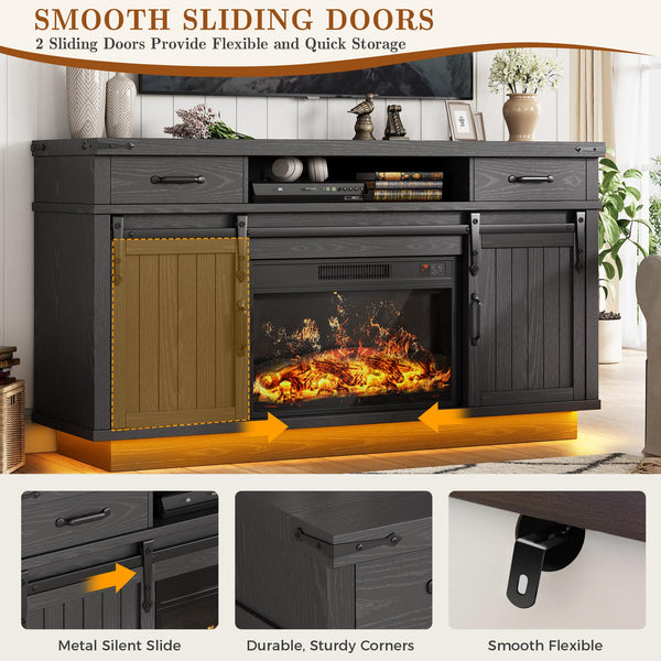 Farmhouse Fireplace TV Stand with LED Light & Sliding Barn Door