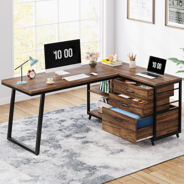 Reversible L-Shaped Computer Desk with Drawers & Shelves