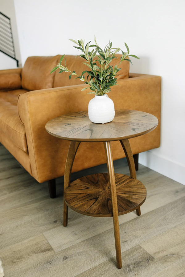 Round Wood End Table with Lower Shelf – Mid-Century Modern, Nutmeg Brown