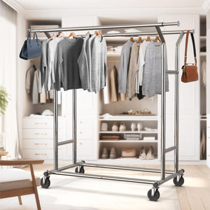 Heavy Duty Double Rail Garment Rack, 200 lb Capacity, Extendable Rod