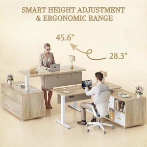 L-Shaped Height Adjustable Standing Desk with Privacy Panel, Drawers & Shelves, 61.4" x 47.2" – Maple