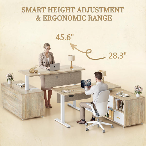 L-Shaped Height Adjustable Standing Desk with Privacy Panel, Drawers & Shelves, 61.4" x 47.2" – Maple
