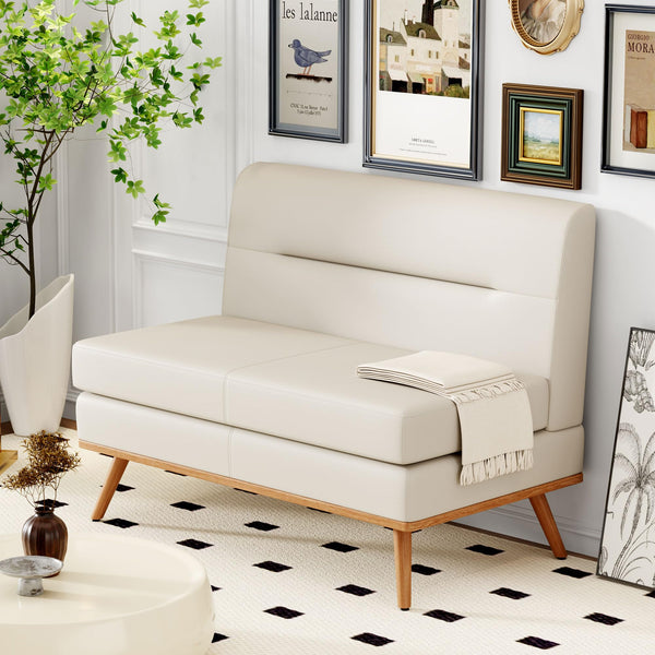 Small Faux Leather Loveseat Sofa – Tufted Armless Mini Couch