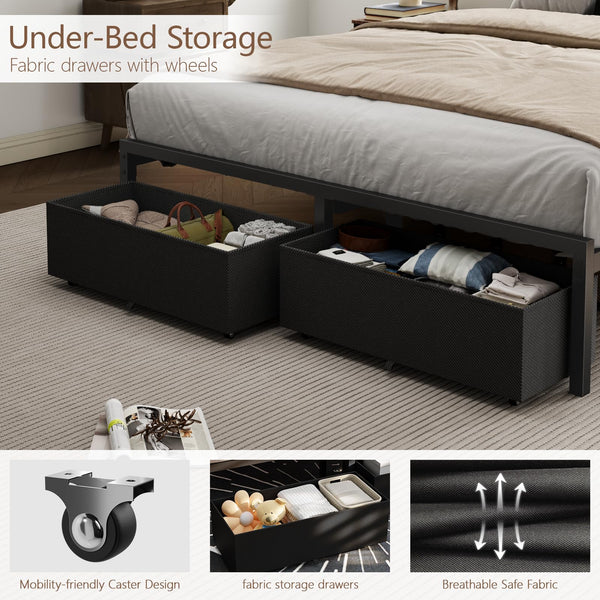 Full Size Bed Frame with LED Lighting, USB Charging & Storage Drawers