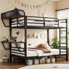 Twin Over Twin Metal Bunk Bed with Desk & Charging Station