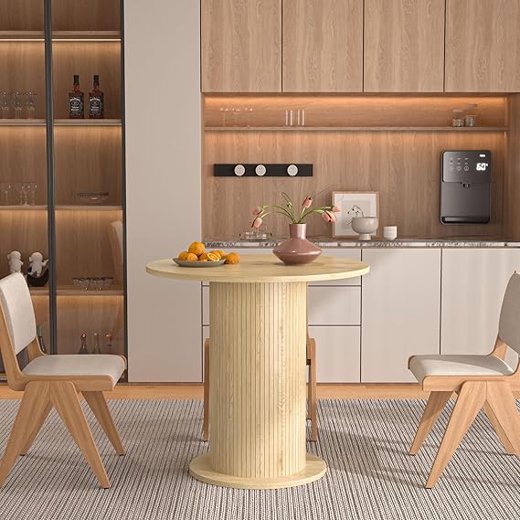 59 inch Round Dining Table for 6, Modern Farmhouse Kitchen Table, Circle Dining Tables with Wood Strip Base for Kitchen Living Room (Big Adjustable Walnut)