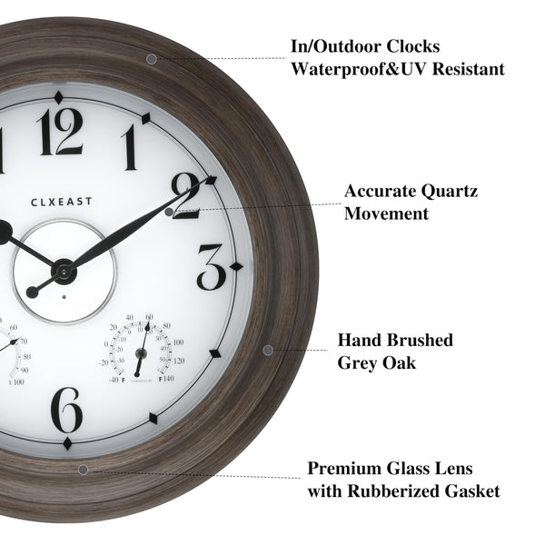 24-Inch Outdoor Wall Clock with Thermometer, Hygrometer & Smart Night Light