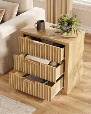 Fluted Nightstand with Charging Station & 3 Drawers – Natural Oak