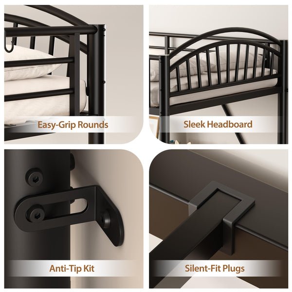 Twin Metal Loft Bed with Guardrails & Ladder