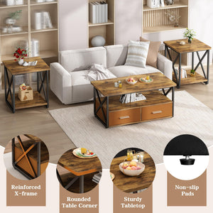 3 Piece Coffee Table Set with Fabric Drawers and Storage Shelves