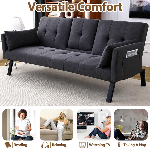 Convertible Velvet Futon Sofa Bed with Cup Holder