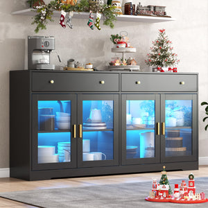 55" Sideboard Buffet Cabinet with LED Lights & Glass Doors