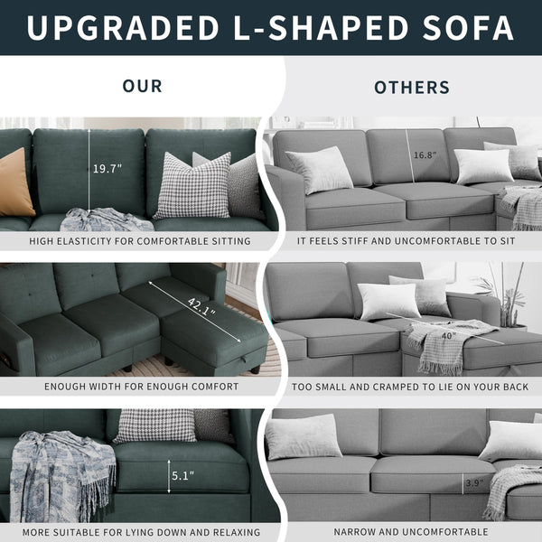 L-Shaped Sectional Sofa with Storage Ottoman | 3-Seat Linen Couch