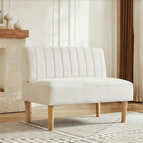 Velvet Armless Loveseat Settee with Channel-Tufted Back & Solid Wood Legs