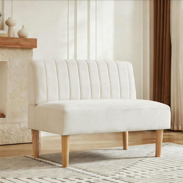 Velvet Armless Loveseat Settee with Channel-Tufted Back & Solid Wood Legs