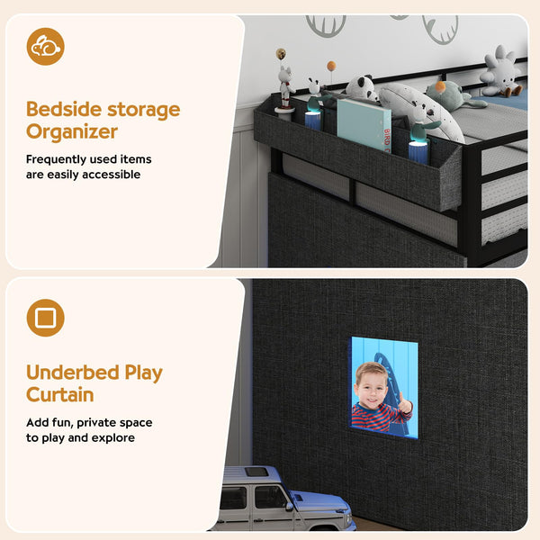 Twin Low Loft Bed with Storage Drawers, Bookcase & LED Lights