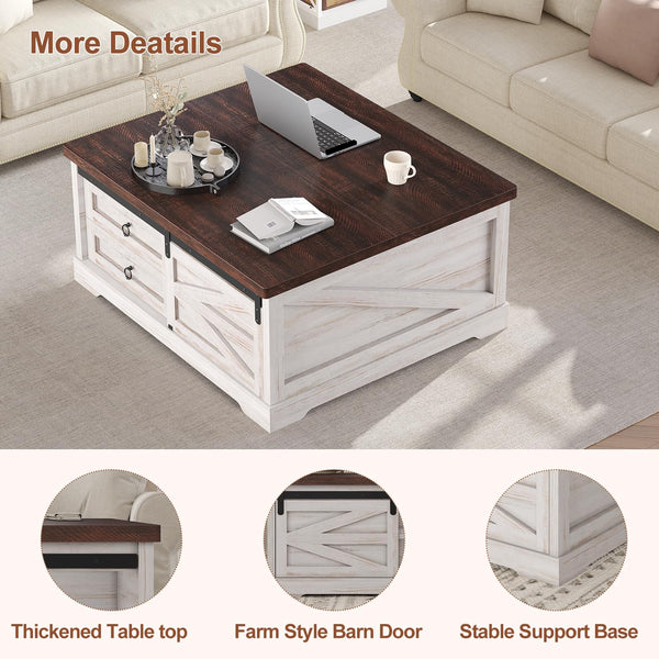 Lift Top Coffee Table with Storage, 39.4" Square, Farmhouse Style