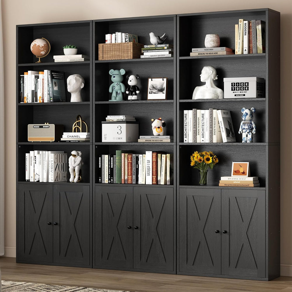 6-Shelf Bookcase with Doors – Metal & Wood Display Storage Shelf