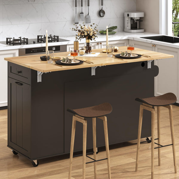 59" Rolling Kitchen Island Table on Wheels with Drop Leaf & Power Outlet