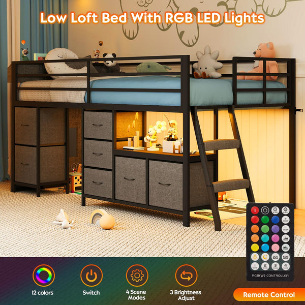 Twin Low Loft Bed with Storage Drawers, Bookcase & LED Lights