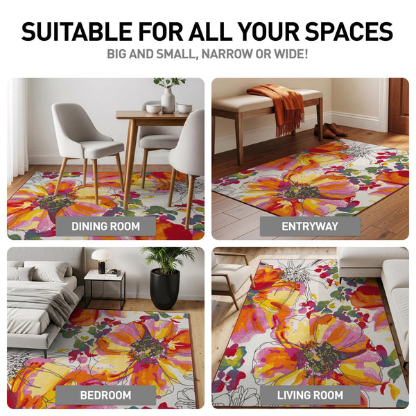 Nylon Area Rug 5'3" x 7'3" Rectangular – Floral Loop Pile, Non-Slip Backing