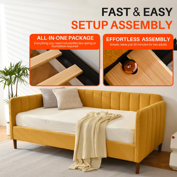 Twin Upholstered Daybed with Adjustable Backrest & Wood Slat Support