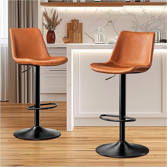 Adjustable Bar Stool Set of 2 – Microfiber Leather, Metal Frame