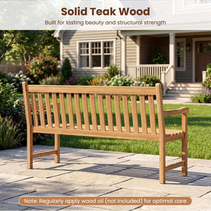 Solid Teak Wood Outdoor Bench with Armrests & Backrest, 3-Seat