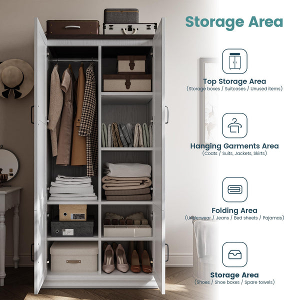Freestanding Wardrobe Closet with Doors & Hanging Rod