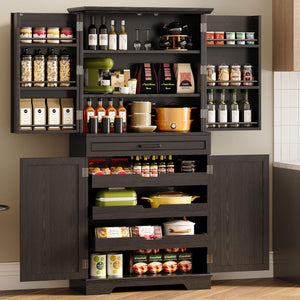Farmhouse Kitchen Pantry Cabinet with Sliding Racks & Door Shelves