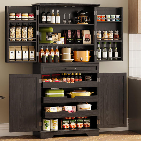 Farmhouse Kitchen Pantry Cabinet with Sliding Racks & Door Shelves