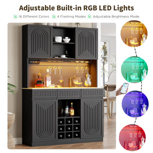 71-Inch Tall Wine Bar Cabinet with LED Lights & Charging Station