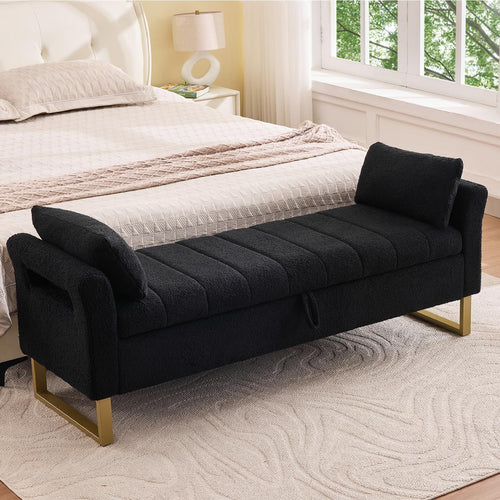 King Size Storage Bench with Arms, Boucle Fabric, Gold Legs, 2 Pillows