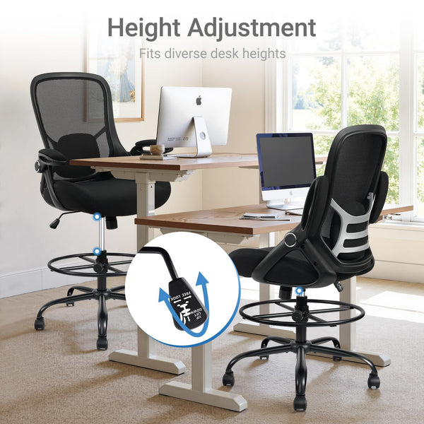 Tall Drafting Chair with Flip-Up Armrests & Adjustable Footrest